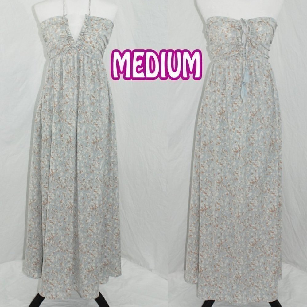 NWT Entro Womens Medium Blue Floral Maxi Dress Tie Neck Flowy Sleeveless BOHO